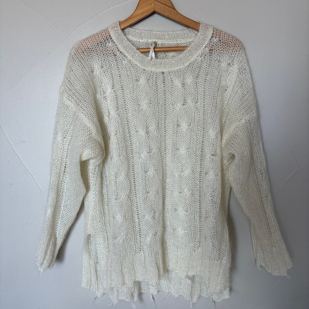 Anthropologie Ivory Open Cable Knit Distressed Mohair Blend Sweater Size M Italy - Picture 2 of 12